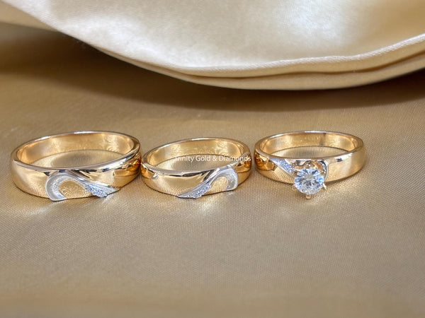 Love Trio Bridal Set • Engagement Ring Set of 3 Rings • Wedding Trio Set Couple Bands • Perfect Anniversary Gift for Him and Her •