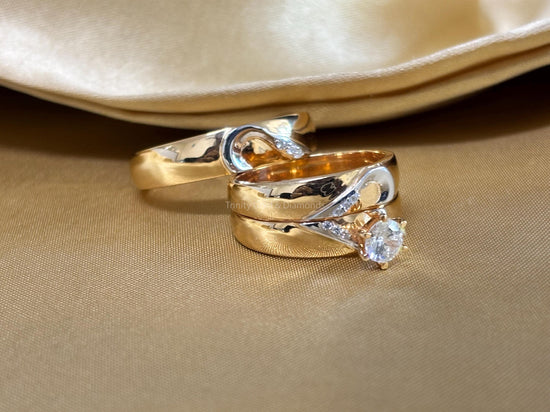 Love Trio Bridal Set • Engagement Ring Set of 3 Rings • Wedding Trio Set Couple Bands • Perfect Anniversary Gift for Him and Her •