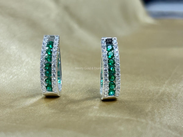 Hoop Earrings • Emerald Gemstone and White Moissanite Hoop Earrings for Women •  Perfect Gift for Women