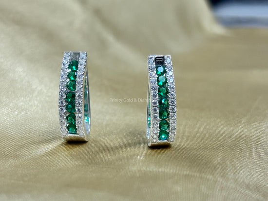 Hoop Earrings • Emerald Gemstone and White Moissanite Hoop Earrings for Women •  Perfect Gift for Women