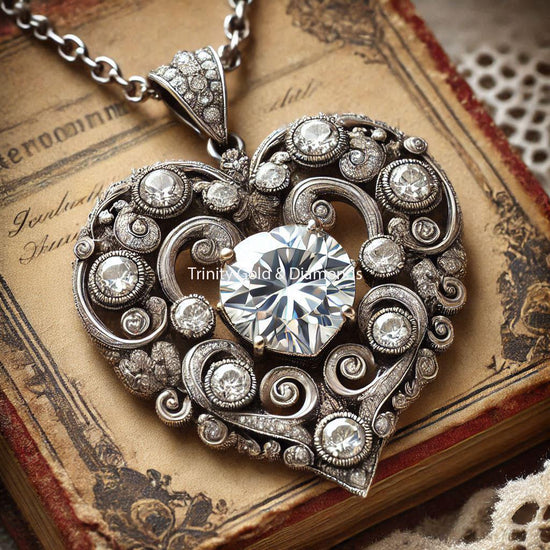 Vintage Heart Pendant • HEART PENDANT • Moissanite Heart Necklace •Heart Necklace • Diamond Gift for Mom • Pefect Gift for Her