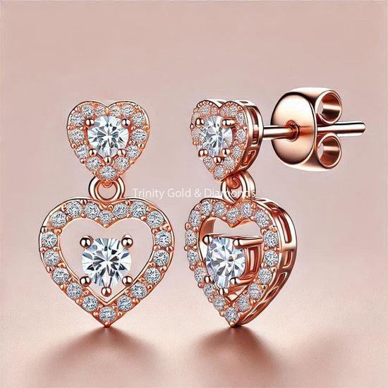 Heart Earring For women • Moissanite Diamond Earrings • Solitaire Earrings • Valentines Gift Women • Two Stone Dangle Earrings
