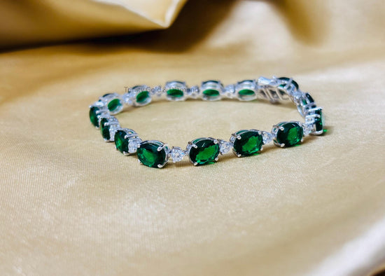 Oval Gemstone Tennis Bracelet • White Round Moissanite Diamond and Green Oval Gemstone Tennis Bracelet For women • Size-5-12 Inches • Gift