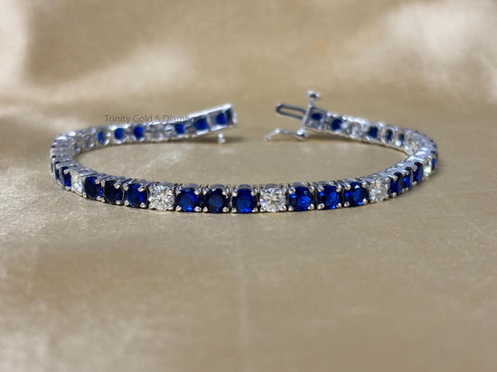 4.0mm Tennis Bracelet • Blue Sapphire and White Lab Grown Diamond Tennis Bracelet for Women • Size-5-10 Inch • Anniversary Gift for Women