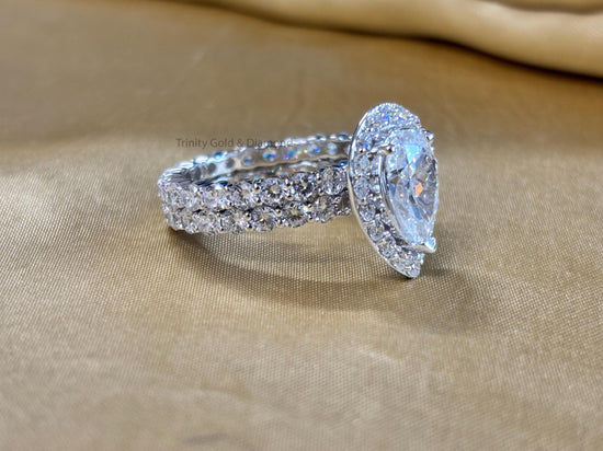 Pear Cut Halo Bridal Ring Set, White Gold Plated CZ Engagement & Wedding Band, Teardrop Solitaire Ring for Her