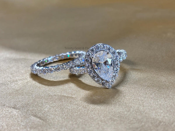 Pear Cut Halo Bridal Ring Set, White Gold Plated CZ Engagement & Wedding Band, Teardrop Solitaire Ring for Her