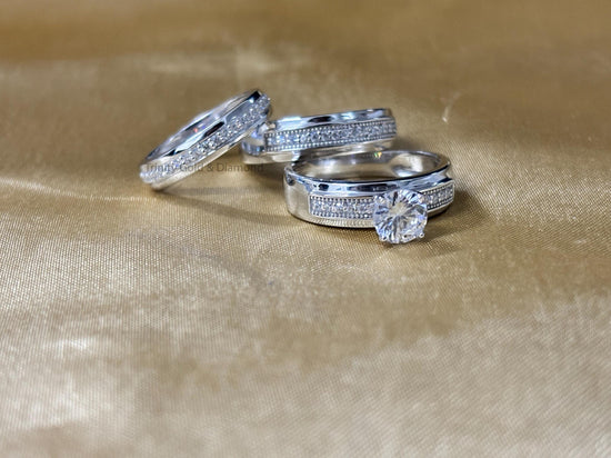 Solitaire Moissanite Trio Bridal Set • Engagement Ring Set of 3 Rings • Wedding Trio Set Couple Bands • Perfect Anniversary Gift for Him/Her