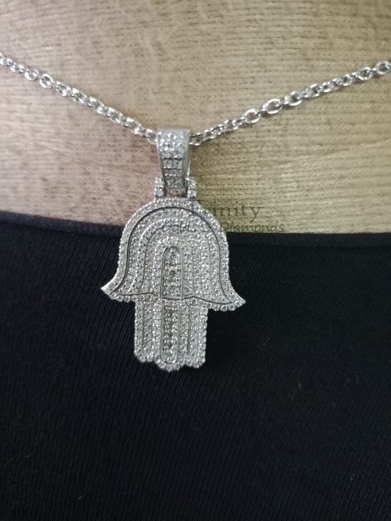 Pave Set Hamsa Hand Moissanite Pendant in 925 Sterling Silver White,  Moissanite Hamsa Pendant For Men And Women