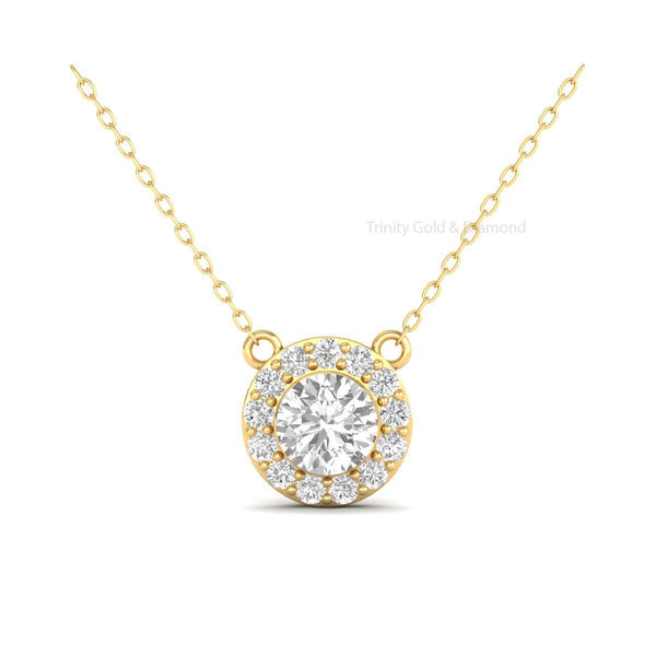 1.5CT Halo Diamond Necklace In 14k Yellow Gold, Moissanite Halo Pendant, Diamond Pendant With Chain, Minimalist Gift For Women, Gift For Mom