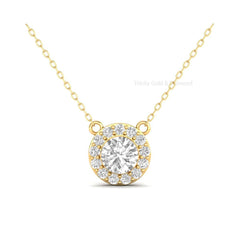 1.5CT Halo Diamond Necklace In 14k Yellow Gold, Moissanite Halo Pendant, Diamond Pendant With Chain, Minimalist Gift For Women, Gift For Mom