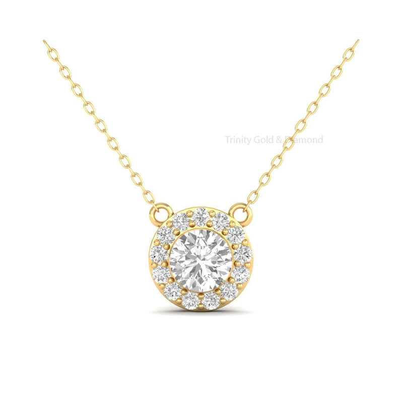 1.5CT Halo Diamond Necklace In 14k Yellow Gold, Moissanite Halo Pendant, Diamond Pendant With Chain, Minimalist Gift For Women, Gift For Mom