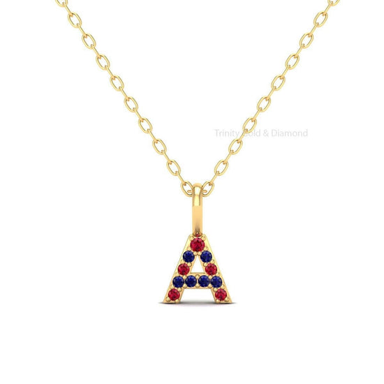Monogram Necklace, Blue Sapphire And Ruby Initial Necklace, A Initial Pendant Necklace, Dainty Name Pendant, Custom Birthstone Pendant