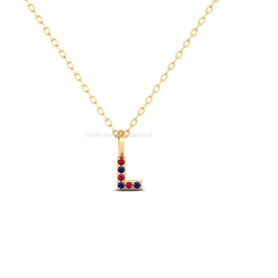 L Letter Necklace, Ruby & Sapphire L Initial  Pendant, Initial Necklace, Birthstone Jewelry, Gift For Friend, Handmade Pendant, Gift for Her