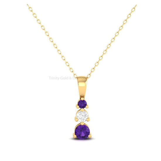 Amethyst & Moissanite Three Stone Pendant, Trio Stone Necklace for Women, Past Present Future Pendant, Gift for Mom, Prong Setting Pendant