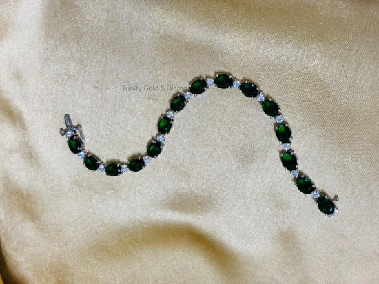 Oval Gemstone Tennis Bracelet • White Round Moissanite Diamond and Green Oval Gemstone Tennis Bracelet For women • Size-5-12 Inches • Gift