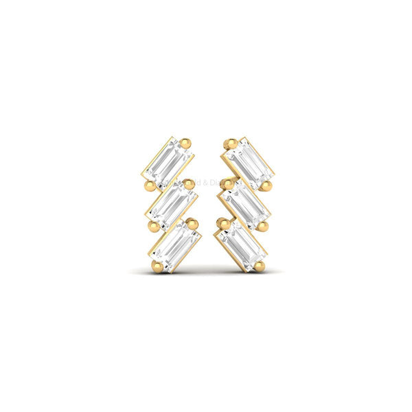 Baguette Cut Diamond Stud Earrings, Three Stone Stud Earrings, Push Back Earrings, Anniversary Earrings, Promise Earrings For Women Gift