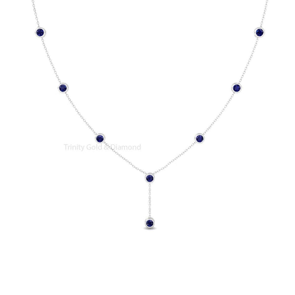 Bezel Set Sapphire Necklace, Minimalist Pendant, Diamond Drop Y Shaped Necklace, Classic Necklace, Bridal Necklace, Sapphire Y Shape Pendant