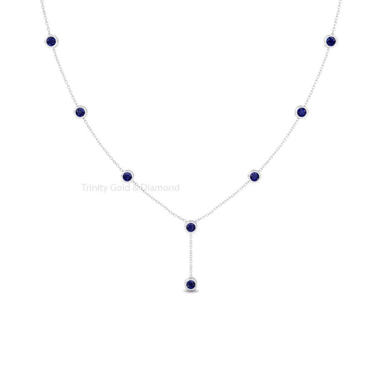 Bezel Set Sapphire Necklace, Minimalist Pendant, Diamond Drop Y Shaped Necklace, Classic Necklace, Bridal Necklace, Sapphire Y Shape Pendant