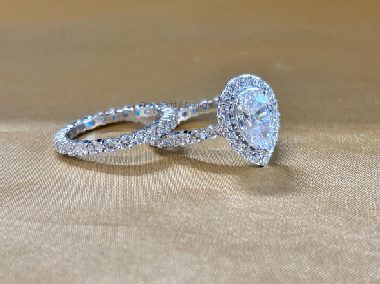 Pear Cut Halo Bridal Ring Set, White Gold Plated CZ Engagement & Wedding Band, Teardrop Solitaire Ring for Her
