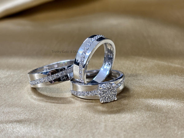 Cluster Trio Bridal Set • Engagement Ring Set of 3 Rings • Wedding Trio Set Couple Bands • Perfect Anniversary Gift for Him and Her
