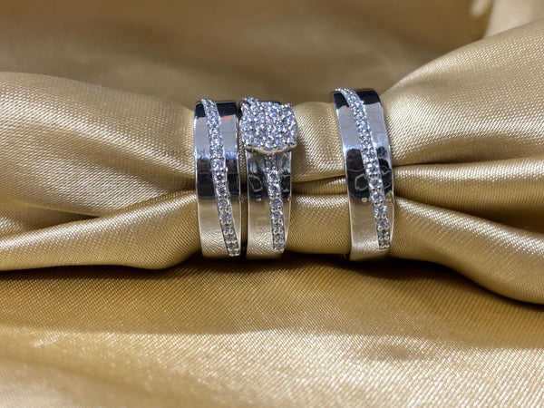 Cluster Trio Bridal Set • Engagement Ring Set of 3 Rings • Wedding Trio Set Couple Bands • Perfect Anniversary Gift for Him and Her