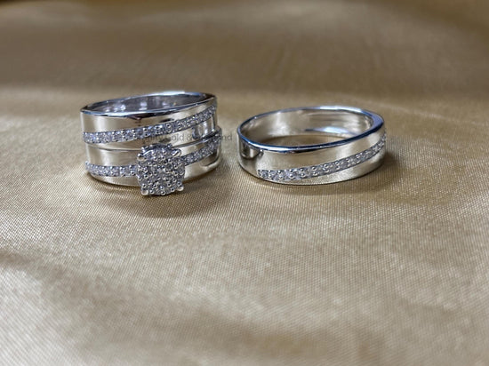 Cluster Trio Bridal Set • Engagement Ring Set of 3 Rings • Wedding Trio Set Couple Bands • Perfect Anniversary Gift for Him and Her