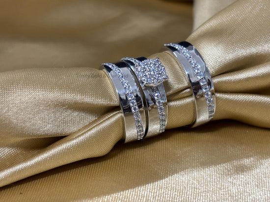 Cluster Trio Bridal Set • Engagement Ring Set of 3 Rings • Wedding Trio Set Couple Bands • Perfect Anniversary Gift for Him and Her