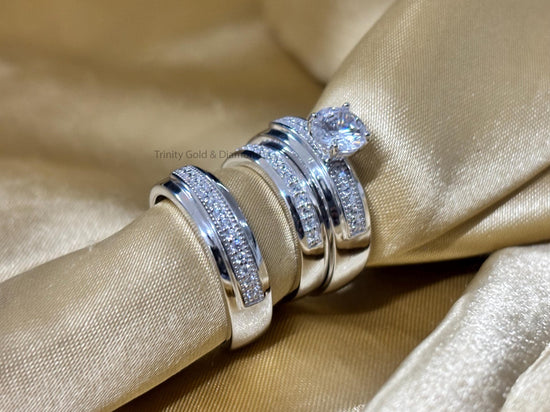 Solitaire Moissanite Trio Bridal Set • Engagement Ring Set of 3 Rings • Wedding Trio Set Couple Bands • Perfect Anniversary Gift for Him/Her