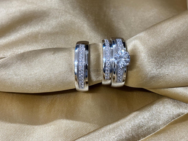 Solitaire Moissanite Trio Bridal Set • Engagement Ring Set of 3 Rings • Wedding Trio Set Couple Bands • Perfect Anniversary Gift for Him/Her