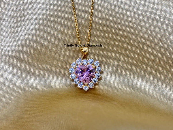 PINK HEART PENDANT Necklace •  White Moissanite Heart Necklace • Pave Pink Ruby Halo Heart Pendant • Heart Necklace • Perfect Gift for Her.