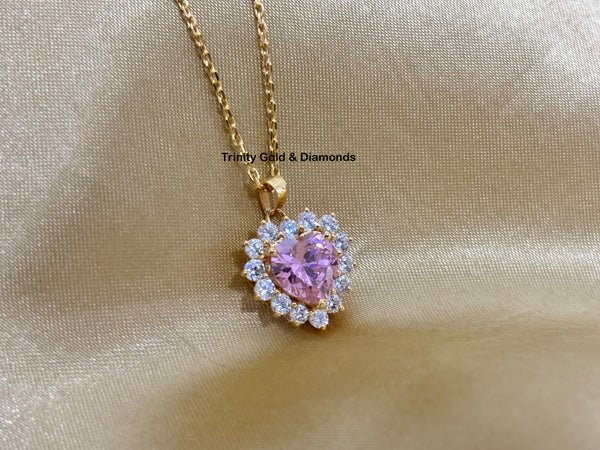 PINK HEART PENDANT Necklace •  White Moissanite Heart Necklace • Pave Pink Ruby Halo Heart Pendant • Heart Necklace • Perfect Gift for Her.