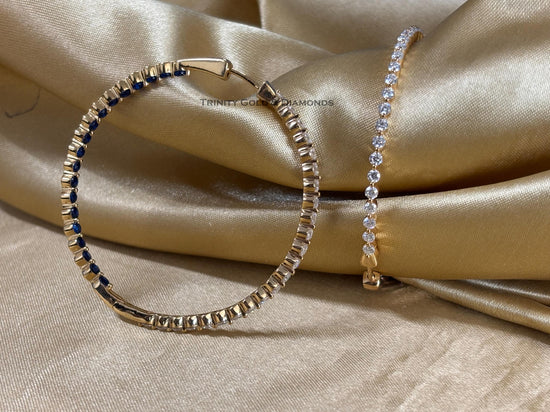 SAPPHIRE HOOP EARRINGS,  Sapphire And Diamond Inside Outside Hoop Earrings, Sterling Silver Hoop Earrings, Sapphire Hoops, Big Hoop Earrings