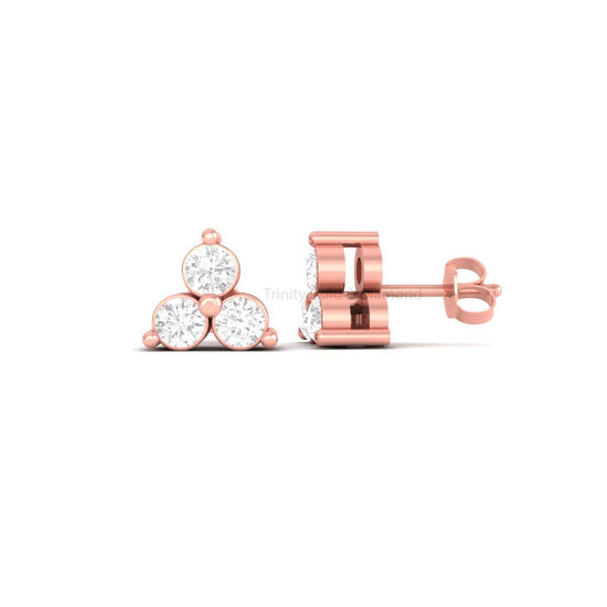 Three Stone Moissanite Stud Earrings, Dainty Diamond Stud Earrings, Tiny Stud, Push Back Three Stone Studs, Handmade Trio Stud Earrings