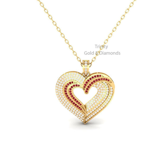 Double Heart Pendant Necklace with Lab Grown White Diamonds & Green Stones, 925 Sterling Silver Gold Plated, Gift for Women