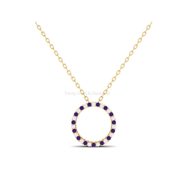 15mm Amethyst and Moissanite Circle Pendant Necklace, Minimalist Necklace Pendant, Open Circle Round Pendant, Silver Multi Gemstone Pendant