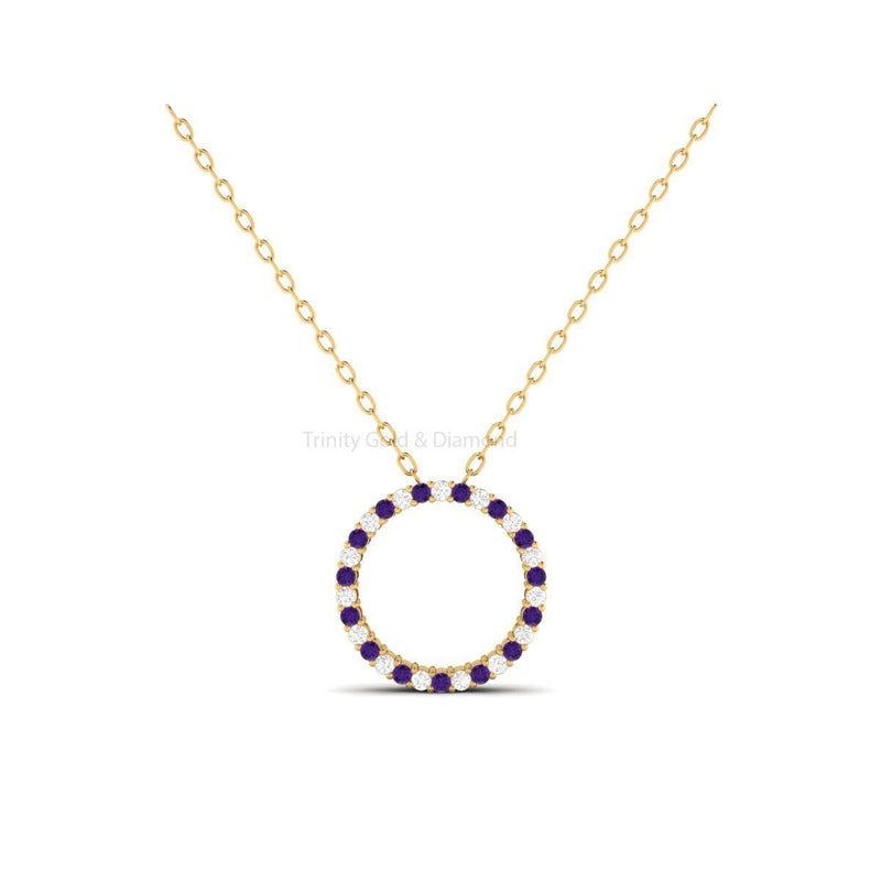 15mm Amethyst and Moissanite Circle Pendant Necklace, Minimalist Necklace Pendant, Open Circle Round Pendant, Silver Multi Gemstone Pendant