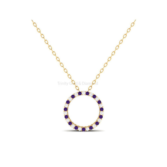 15mm Amethyst and Moissanite Circle Pendant Necklace, Minimalist Necklace Pendant, Open Circle Round Pendant, Silver Multi Gemstone Pendant