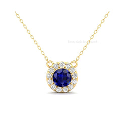 Sapphire & Diamond Halo Pendant, Halo Necklace, Dainty Moissanite Necklace, Sterling Silver Blue Round Pendant For Women, Gemstone Pendant