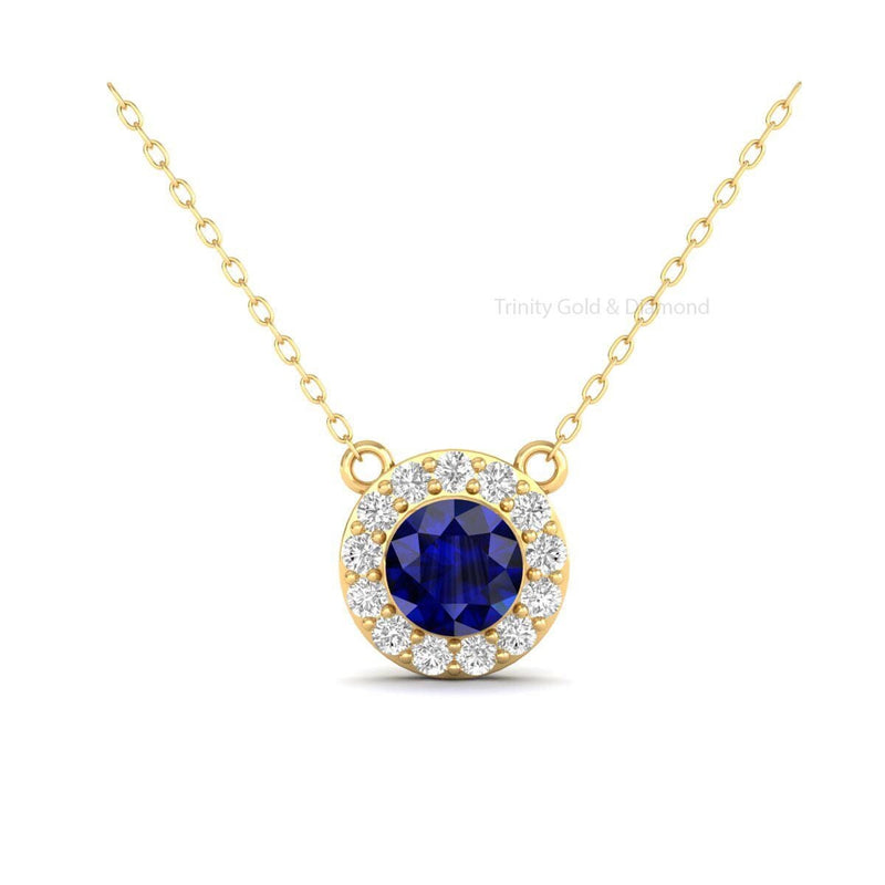 Sapphire & Diamond Halo Pendant, Halo Necklace, Dainty Moissanite Necklace, Sterling Silver Blue Round Pendant For Women, Gemstone Pendant