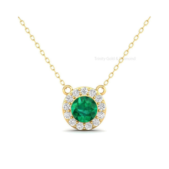 Emerald Halo Diamond Pendant, Minimal Pendant, Green Emerald Pendant In Silver Wiith 14kt Yellow Gold Finish, Delicate Pendant For Women