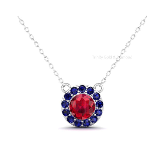 Minimalist Pendant, Blue Sapphire & Ruby Pendant, Birthstone Pendant, 18" Chain Pendant, Birthday Gift, Handmade Halo Sapphire Pendant, Gift