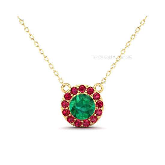 Delicate Green Emerald Pendant, 14kt Yellow Gold Finish Emerald & Ruby Pendant, Halo Pendant, Birthday Gift, Handmade Dainty Pendant For Her
