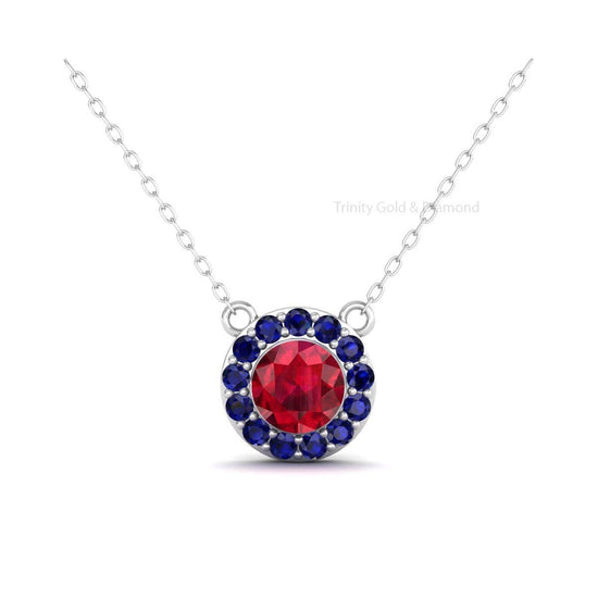 Minimalist Pendant, Blue Sapphire & Ruby Pendant, Birthstone Pendant, 18" Chain Pendant, Birthday Gift, Handmade Halo Sapphire Pendant, Gift