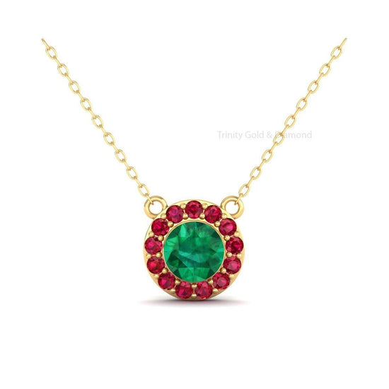 Delicate Green Emerald Pendant, 14kt Yellow Gold Finish Emerald & Ruby Pendant, Halo Pendant, Birthday Gift, Handmade Dainty Pendant For Her