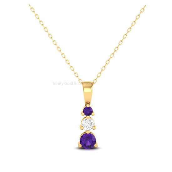 Amethyst & Moissanite Three Stone Pendant, Trio Stone Necklace for Women, Past Present Future Pendant, Gift for Mom, Prong Setting Pendant