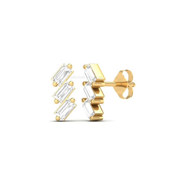 Baguette Cut Diamond Stud Earrings, Three Stone Stud Earrings, Push Back Earrings, Anniversary Earrings, Promise Earrings For Women Gift