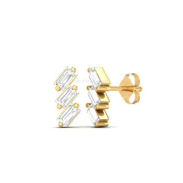 Baguette Cut Diamond Stud Earrings, Three Stone Stud Earrings, Push Back Earrings, Anniversary Earrings, Promise Earrings For Women Gift