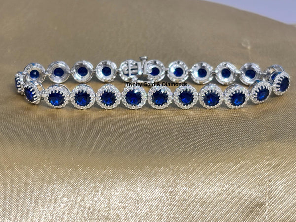 Sapphire Halo Diamond Tennis Bracelet For Women • White Moissanite and Blue Sapphire Gemstone Diamond Tennis Bracelet for Her • Perfect Gift