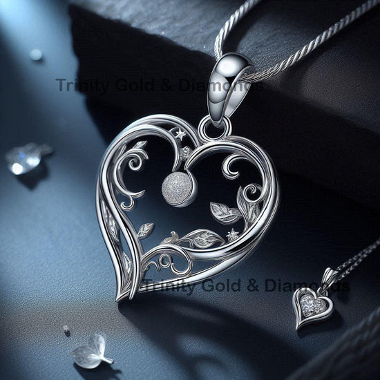 14k White Gold Plated Heart Shaped Moissanite Diamond Necklace, Heart Necklace, Birthday Gift for Her, Art Deco Leaf Design Heart Pendant