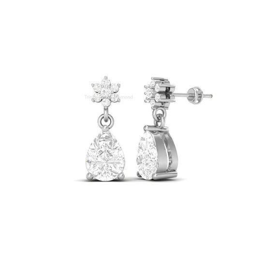 Pear Earrings, Pear Shape Dangle Earrings, Diamond Dangling Earrings, Diamond Drop Earrings, Flower Shape Dangles, Handmade Jewelry Gift
